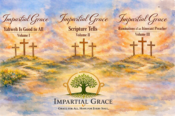 Cover design for the 'Impartial Grace' book series featuring three volumes: 'Yahweh Is Good to All', 'Scripture Tells', and 'Ruminations of an Itinerant Preacher', with a background of soft colors and silhouettes of crosses.