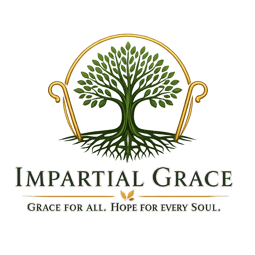 Logo of Impartial Grace featuring a stylized green tree under a golden arch, accompanied by the text 'Impartial Grace' and the tagline 'Grace for all, Hope for every Soul.'