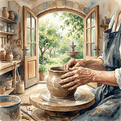 Potter shaping a clay vessel on a wheel in a garden studio