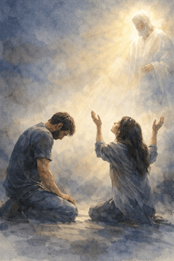 A watercolor painting depicting a man kneeling in prayer and a woman with outstretched arms, both looking up towards a glowing figure representing divinity, surrounded by a soft light.