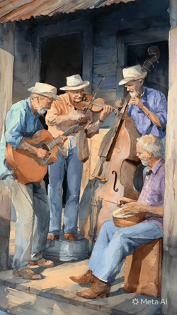 Four elderly men playing instruments outdoors, featuring a guitarist, a violinist, a double bassist, and a man playing a small drum, all wearing hats and casual clothing.