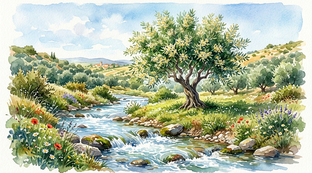 Watercolor landscape with a stream, flowering olive tree, fields, and wildflowers
