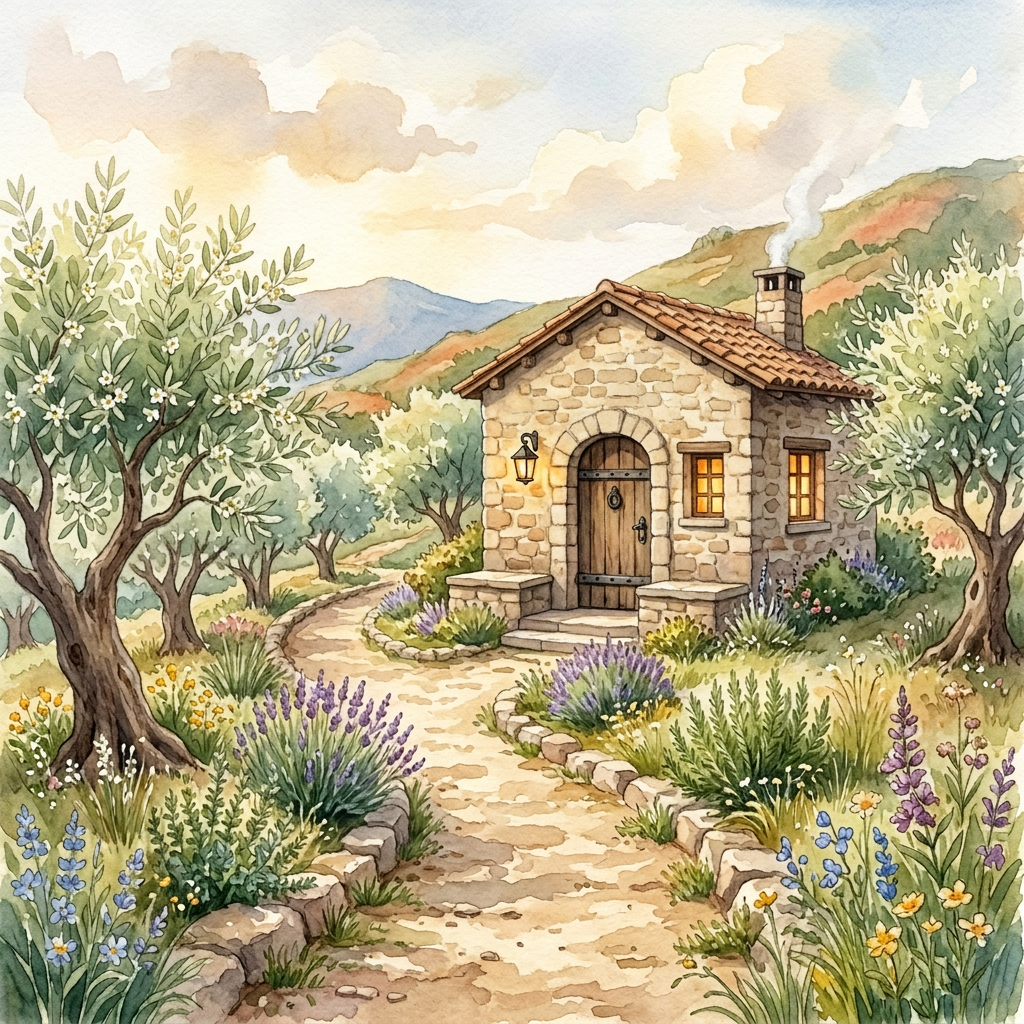 Watercolor cottage with flower garden, mountain backdrop, and signs reading Your Promise Kept and There's a Fortress with My Name on It