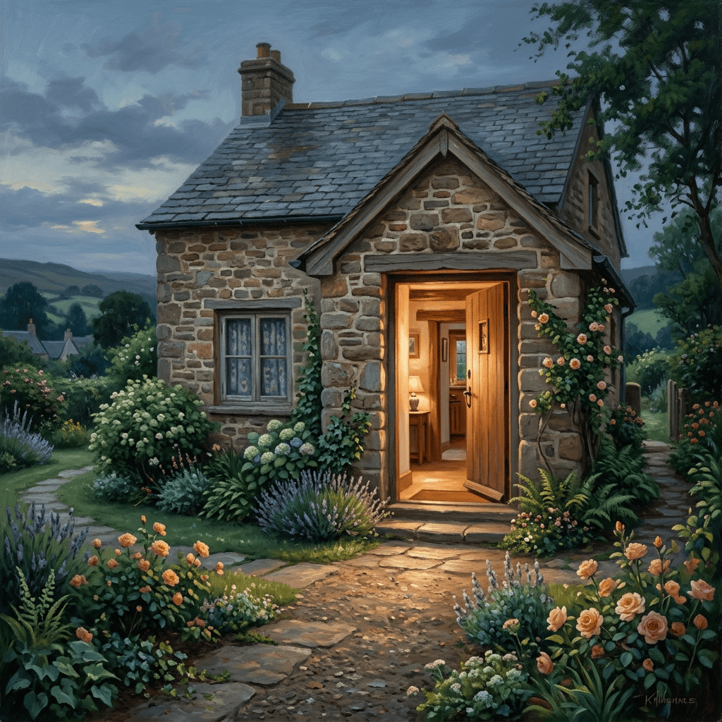 Stone house with open glowing door