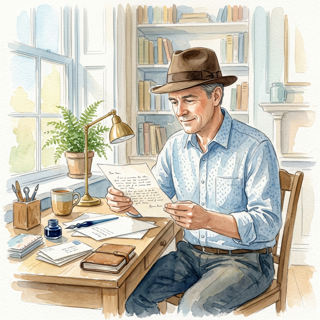 Writer in hat reading a handwritten manuscript at a desk