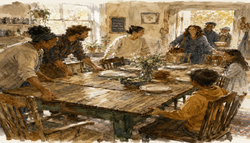 A simple kitchen table, old and worn, with more leaves being added to it, more chairs being pulled up around it, light coming in the window. One family pulling up chairs for neighbors. "Summer is near for everyone."